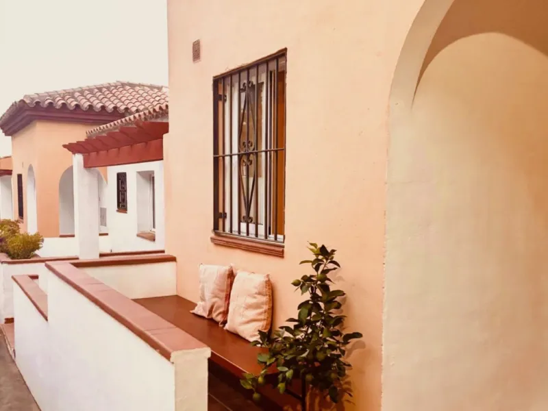 Entrance terrace with a bench and a potted plant
