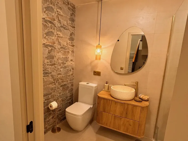 Guest toilet with a natural stone wall