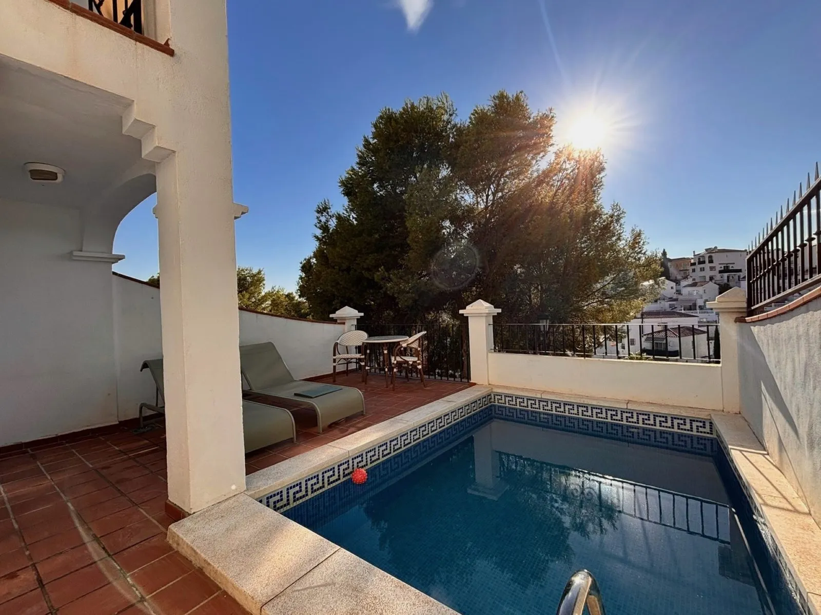 Heated private pool with sun loungers under a pine tree