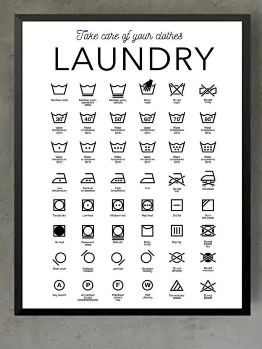 Laundry care poster in a black frame