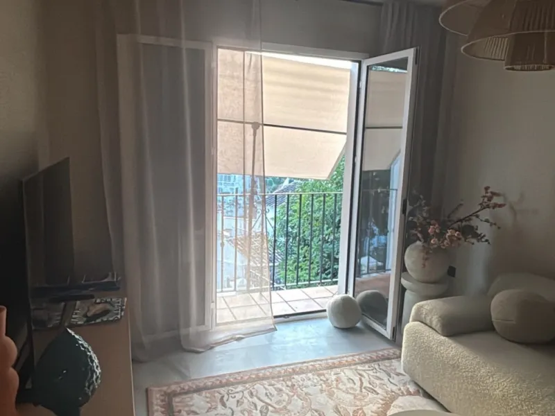 Living room with a patterned rug